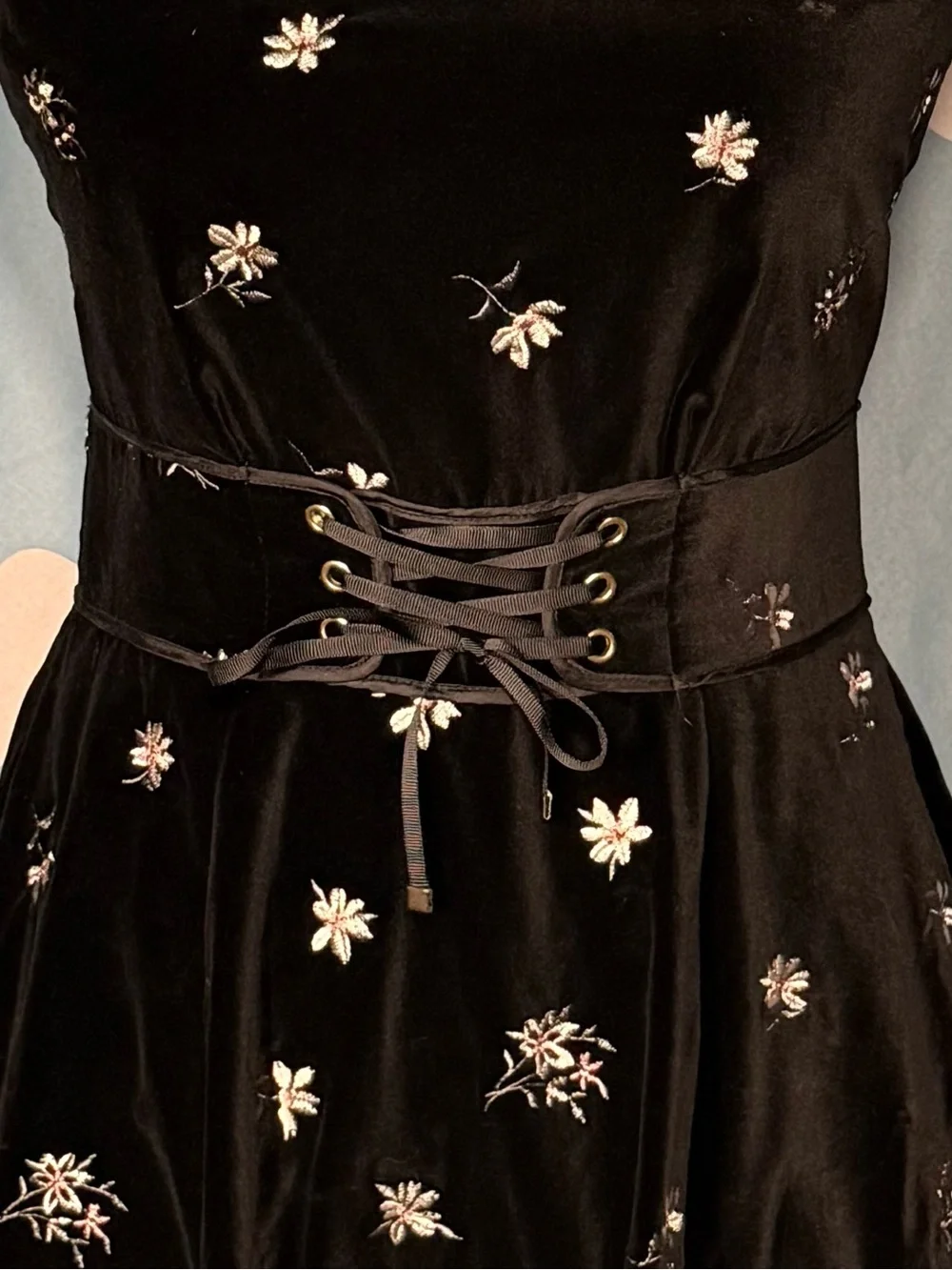 Velvet corset waist fit & flare mini dress with embroidered flowers- XS